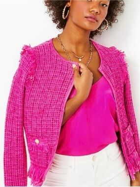 Lilly Pulitzer Bright Pink Fringe Tweed Jacket